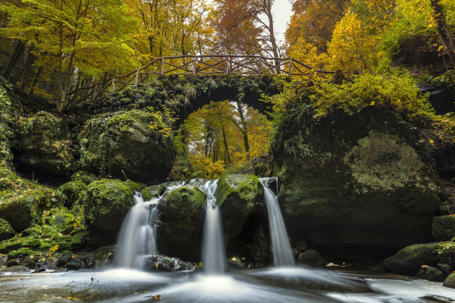 Обои картинки фото природа, водопады, река, мост, лес, осень, каскад, водопад