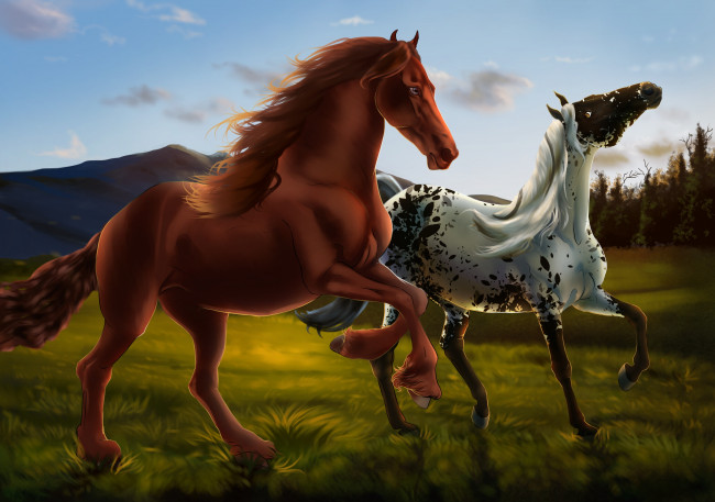 Обои картинки фото рисованное, животные,  лошади, фон, пара, лошади, луг