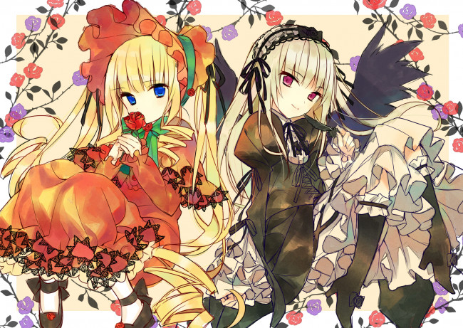 Обои картинки фото аниме, rozen maiden, розы, rozen, maiden, девочки, hanabana, tsubomi, арт, shinku, suigintou