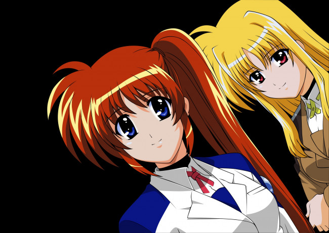 Обои картинки фото mahou shoujo lyrical nanoha, аниме, взгляд, фон, девушки