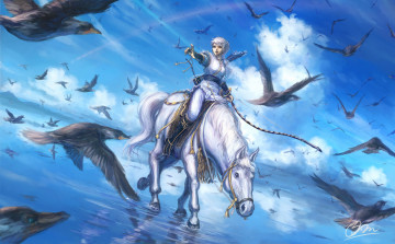 Картинка аниме животные +существа девушка лошадь