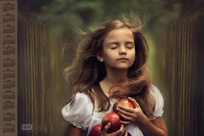 Обои картинки фото календари, дети, яблоко, девочка, 2018