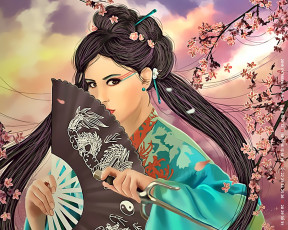 Картинка календари фэнтези 2019 calendar ветка цветы веер кимоно взгляд девушка