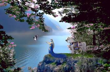 Картинка календари фэнтези 2019 calendar конь лошадь девушка природа водоем птица