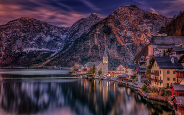 Картинка города гальштат+ австрия горы озеро вечер огни