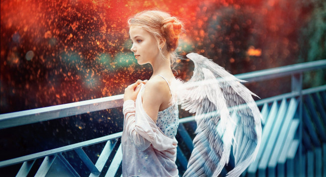 Обои картинки фото разное, компьютерный дизайн, девочка, ангел, крылья, мост