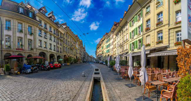 Обои картинки фото города, берн , швейцария, берн, дома, панорама, улица, кафе