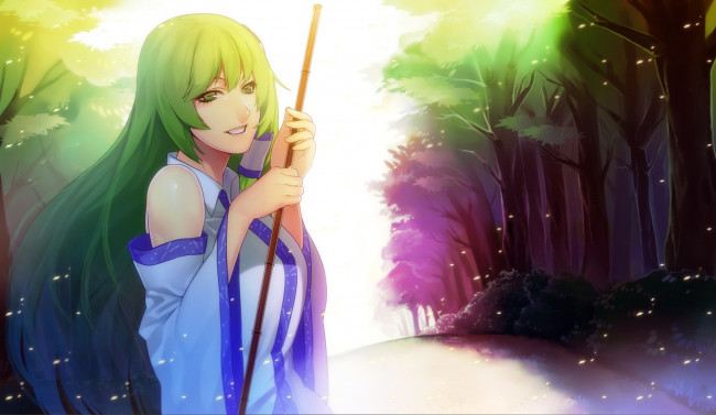 Обои картинки фото аниме, touhou, лепестки, лес, деревья, девушка, зеленые, волосы