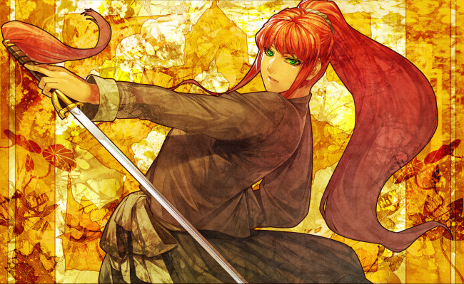 Обои картинки фото аниме, the, twelve, kingdoms, девушка, рыжая, зеленые, глаза, меч, катана