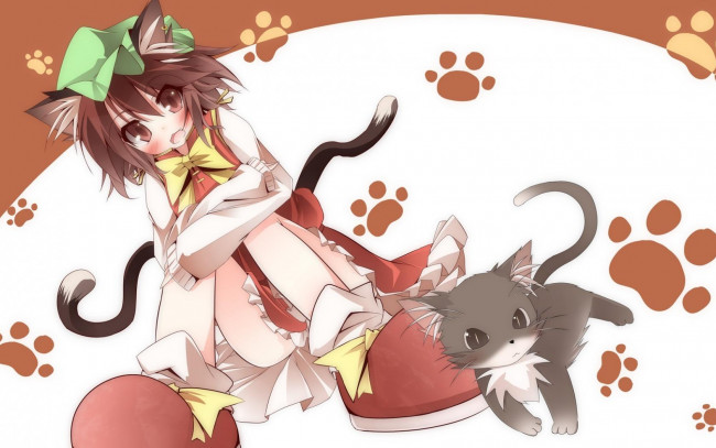 Обои картинки фото аниме, touhou, девочка, chen, хвосты, уши, неко, следы, кошка