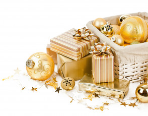 обоя праздничные, - разное , новый год, украшения, коробки, подарки, шарики, мишура