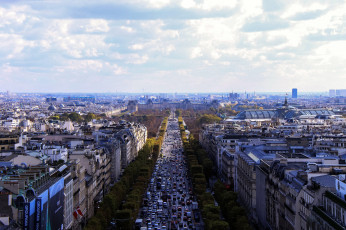 обоя города, париж , франция, дома, движение, улица, панорама