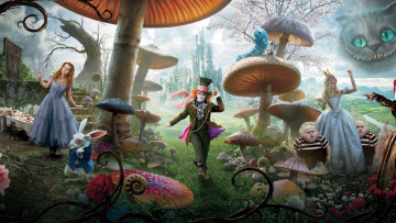 Картинка кино+фильмы alice+in+wonderland кролик кот гусеница королева шляпник грибы страна Чудес алиса