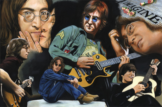 Обои картинки фото john lennon, рисованное, люди, очки, гитара, взгляд, фон, мужчина