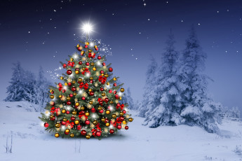 обоя праздничные, Ёлки, новый, год, merry, christmas, новогодняя, елка, снежинки, winter, елки, украшения, рождество, xmas, snow, зима, tree, шары, night, снег, decoration, happy