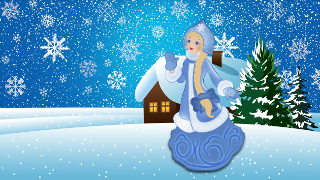 Обои картинки фото праздничные, векторная графика , новый год, рождество, Ёлка, снег, снегурочка, фон, девушка, снежинки, внучка, зима, дом, новый, год, праздник, рисунок, сугробы, елка, минимализм