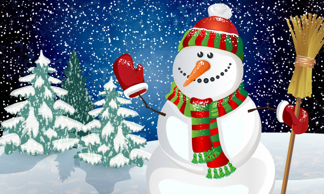 Обои картинки фото праздничные, векторная графика , новый год, шарфик, новый, год, праздник, снеговик, елка, зима, рождество, снежинки, Ёлка, снег