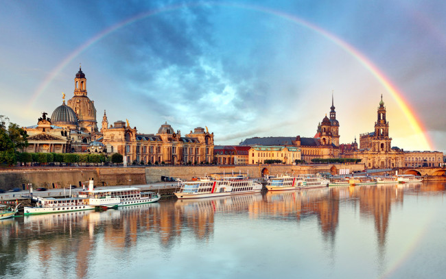 Обои картинки фото города, дрезден , германия, радуга, суда, пристань, здания, река