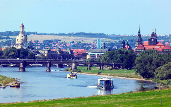 Обои картинки фото города, дрезден , германия, теплоходы, река, мост