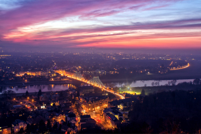 Обои картинки фото города, дрезден , германия, ночь, панорама, облака, огни