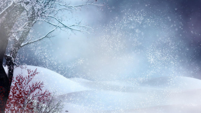 Обои картинки фото рисованное, природа, лес, снег, зима, куст, ягоды