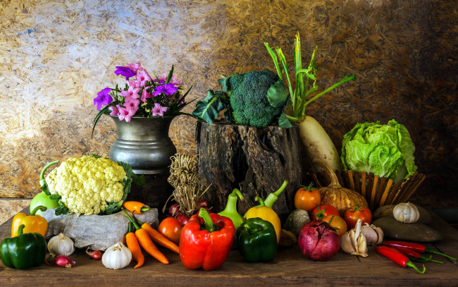 Обои картинки фото еда, овощи, капуста, перец, морковь, овощное, ассорти