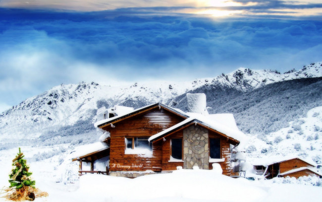 Обои картинки фото праздничные, новогодние пейзажи, дом, снег, ёлка