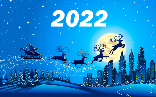 Обои картинки фото праздничные, векторная графика , новый год, санта, клаус, олени, город, ёлки, год