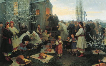 Картинка рисованное николай+пимоненко люди пасха церковь