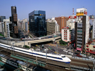 Картинка bullet train ginza district tokyo japan города токио Япония