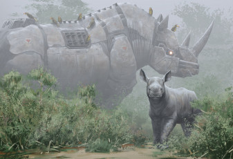 Картинка фэнтези роботы +киборги +механизмы носорог
