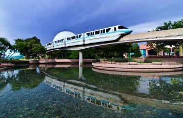 Картинка техника поезда поезд монорельс эстакада река парк