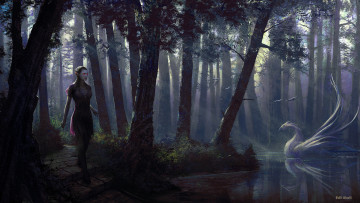 Картинка фэнтези эльфы птица тропинка свет озеро деревья эльф