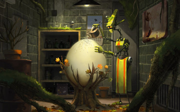 Картинка фэнтези роботы +киборги +механизмы робот полив яйцо лейка дерево растения