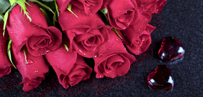 Обои картинки фото цветы, розы, капли, сердечки