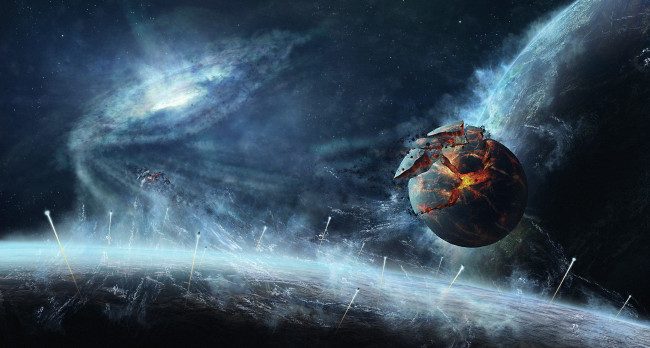 Обои картинки фото космос, арт, планеты, корабли, разрушение, обломки, квазар
