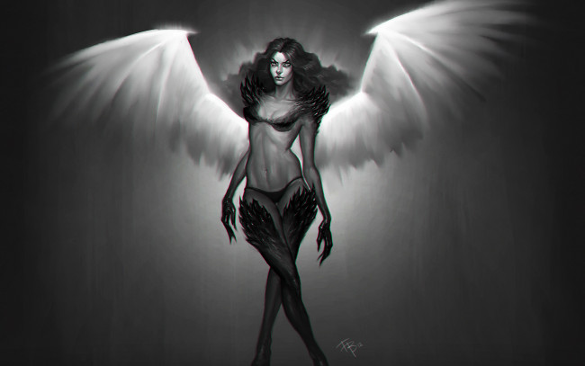 Обои картинки фото фэнтези, ангелы, крылья, чёрно-белая, взгляд, ангел, девушка