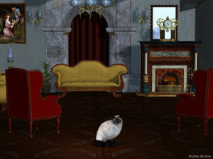 Картинка 3д+графика животные+ animals диван комната кот светильники стулья картина камин часы