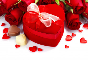 обоя праздничные, день святого валентина,  сердечки,  любовь, конфеты, подарок, коробка, розы