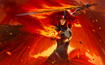 Картинка 3д+графика фантазия+ fantasy фон взгляд девушка огонь меч