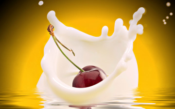 Картинка еда вишня +черешня коллаж брызги всплеск ягода черешня молоко рябь вода