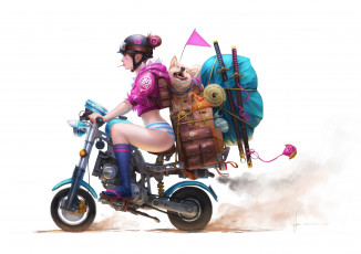 Картинка аниме оружие +техника +технологии гольфы акита-ину портфель флажок очки катана девушка вещи чемодан мотоцикл шлем арт wen juinn собака