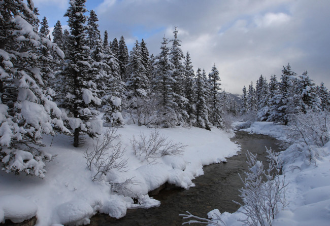 Обои картинки фото природа, реки, озера, река, зима, канада, banff, national, park, alberta
