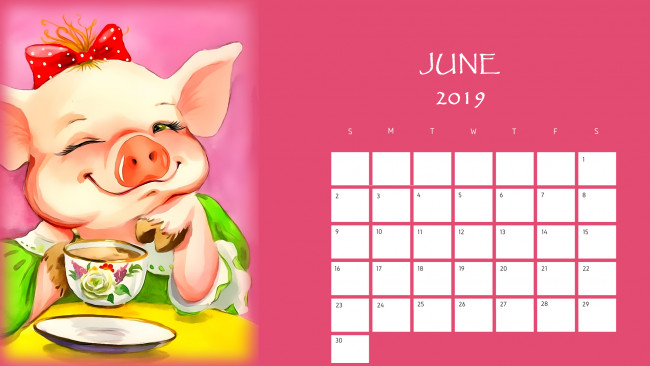 Обои картинки фото календари, рисованные,  векторная графика, бант, свинья, блюдце, поросенок, кружка