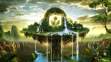 Картинка фэнтези иные+миры +иные+времена фантазия сказочный мир красивое место рай деревья водопад птицы