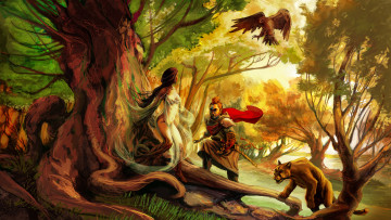 обоя фэнтези, люди, орел, корни, дерева, девушка, лес, дерево, сказочные, существа