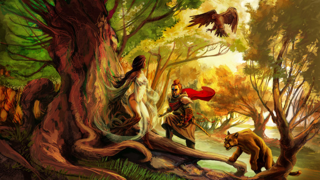 Обои картинки фото фэнтези, люди, орел, корни, дерева, девушка, лес, дерево, сказочные, существа