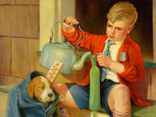 Картинка russell sambrook рисованные собака мальчик чайник градусник