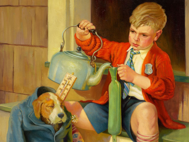 Обои картинки фото russell, sambrook, рисованные, собака, мальчик, чайник, градусник