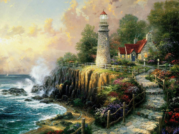 Обои картинки фото the, light, of, peace, рисованные, thomas, kinkade, painting, маяк, море, живопись, lighthouse, cottage, house, sea, томас, кинкейд, дом, коттедж